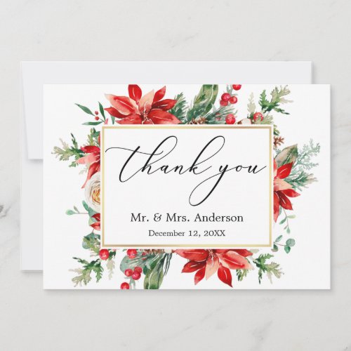 Delicate Calligraphy Poinsettia Greenery Wedding Thank You Card