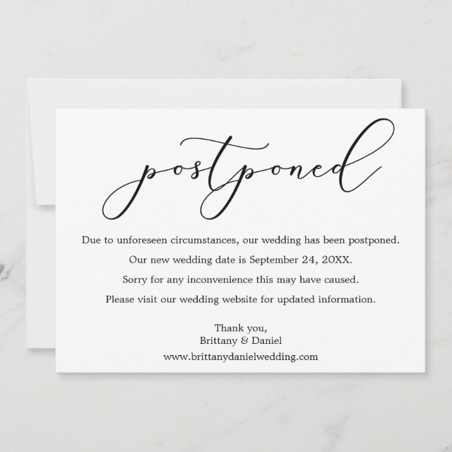 Delicate Calligraphy Postponed Wedding Date Card (Front)