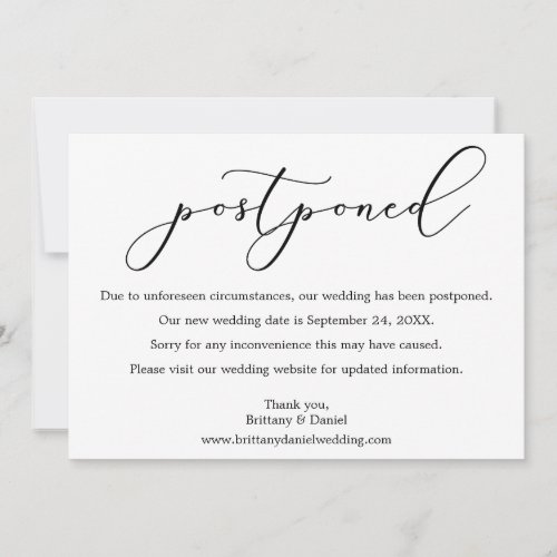 Delicate Calligraphy Postponed Wedding Date Card