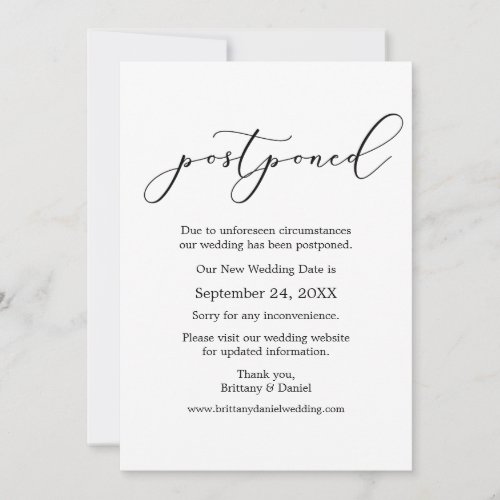 Delicate Calligraphy Postponed Wedding Date Card