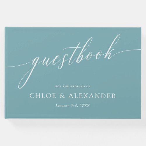 Delicate Calligraphy Teal White Wedding Guest Book