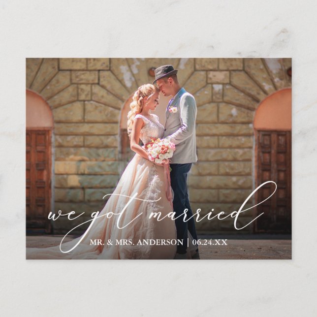 Delicate Calligraphy We Got Married Wedding Postcard (Front)