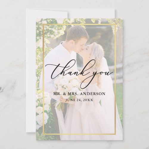 Delicate Calligraphy Wedding 2 Photo Gold Overlay Thank You Card