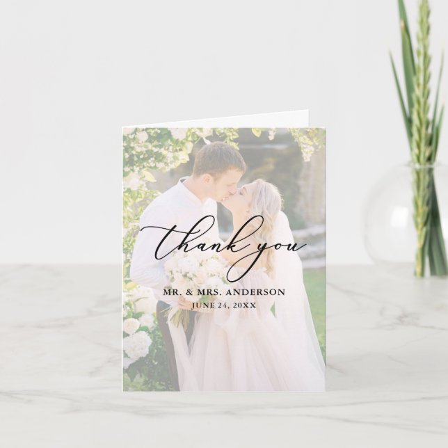 Delicate Calligraphy Wedding 2 Photo Overlay Note Letterpress Thank You Card (Front)