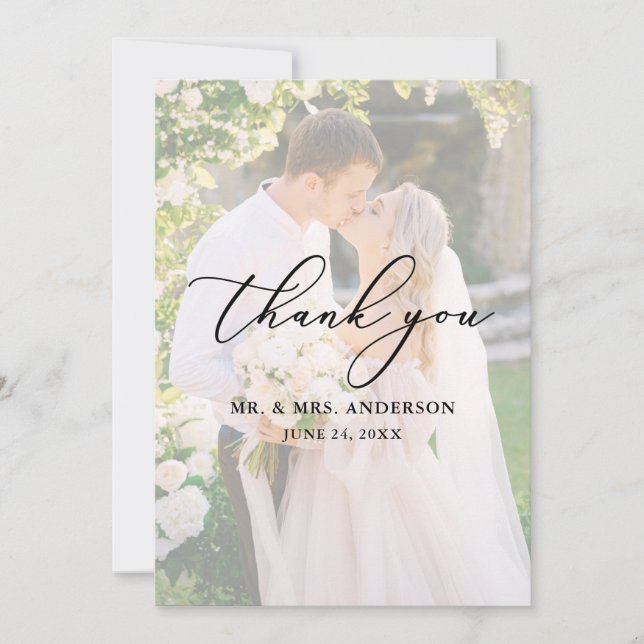 Delicate Calligraphy Wedding 2 Photo Overlay Thank You Card (Front)