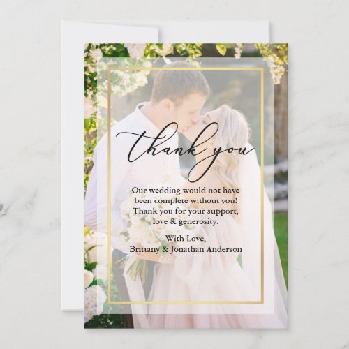 Delicate Calligraphy Wedding Gold Frame Overlay Thank You Card