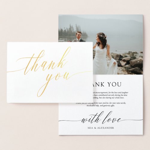 Delicate Calligraphy Wedding Photo Thank You Foil Card