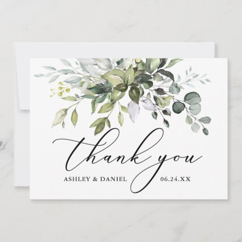 Delicate Calligraphy Wedding Watercolor Greenery Thank You Card