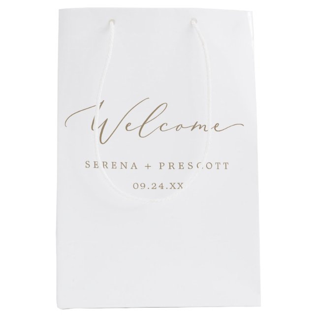 Delicate Champagne Calligraphy Wedding Welcome  Medium Gift Bag (Front)