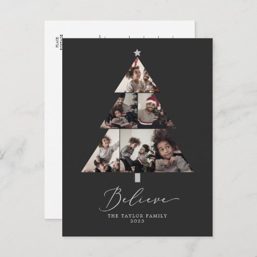 Delicate Charcoal Believe Christmas Tree 6 Photo Holiday Postcard