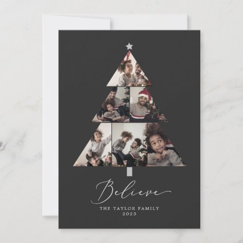 Delicate Charcoal Believe Christmas Tree 7 Photo Holiday Card