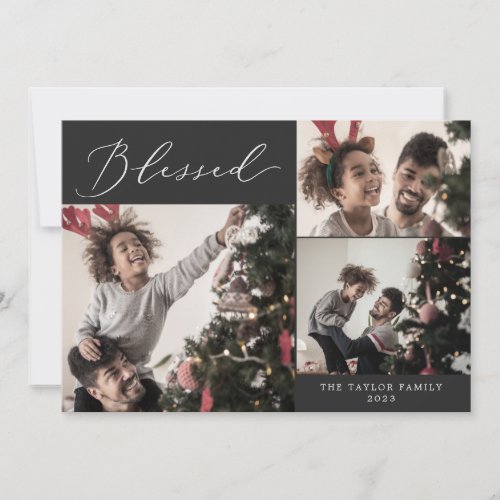 Delicate Charcoal Blessed 4 Photo Christmas Holiday Card