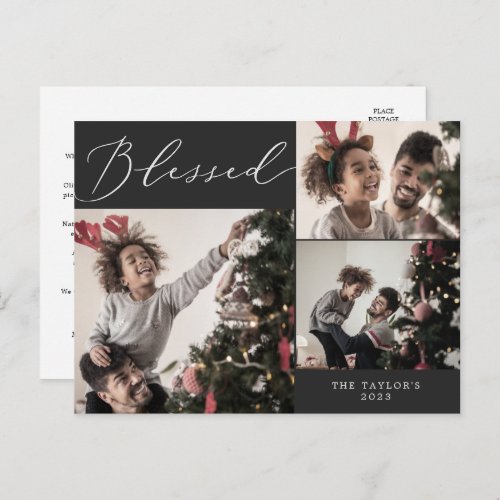 Delicate Charcoal Blessed Photo Family Newsletter Holiday Postcard