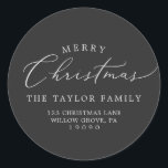 Delicate Charcoal Christmas Return Address Classic Round Sticker<br><div class="desc">These delicate charcoal Christmas return address envelope stickers are perfect for a modern holiday card or invitation envelope. The romantic minimalist design features lovely and elegant typography on a dark gray background with a clean and simple look.</div>