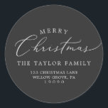 Delicate Charcoal Christmas Return Address Classic Round Sticker<br><div class="desc">These delicate charcoal Christmas return address envelope stickers are perfect for a modern holiday card or invitation envelope. The romantic minimalist design features lovely and elegant typography on a dark gray background with a clean and simple look.</div>