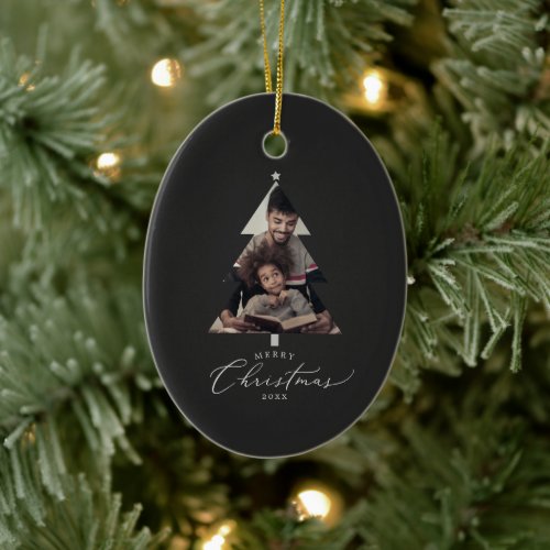 Delicate Charcoal Merry Christmas Tree Photo Ceramic Ornament