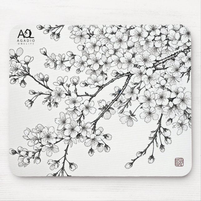 Delicate Cherry Blossom Art in Monochrome Mouse Pad (Front)
