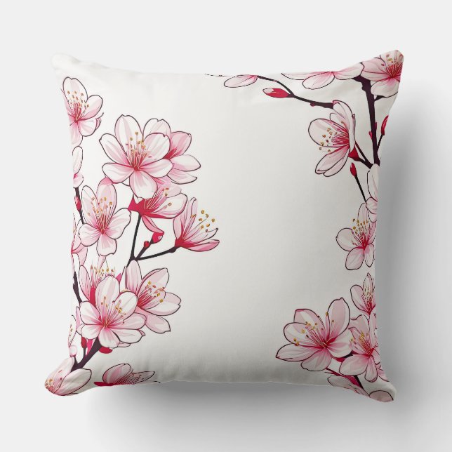 Delicate Cherry Blossom Border - Pink Floral Throw Pillow (Front)