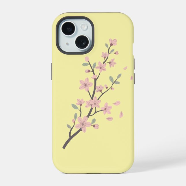 Delicate Cherry Blossom Branch Illustration iPhone 15 Case (Back)