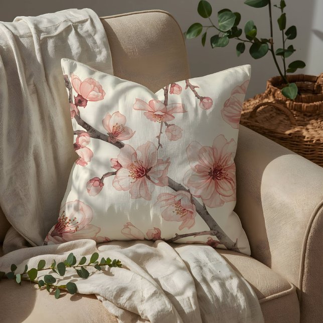 Delicate Cherry Blossom Seamless Floral  Throw Pillow (Creator Uploaded)