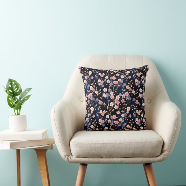 Delicate Cherry Blossoms with Gold on Navy Throw Pillow (Chair)
