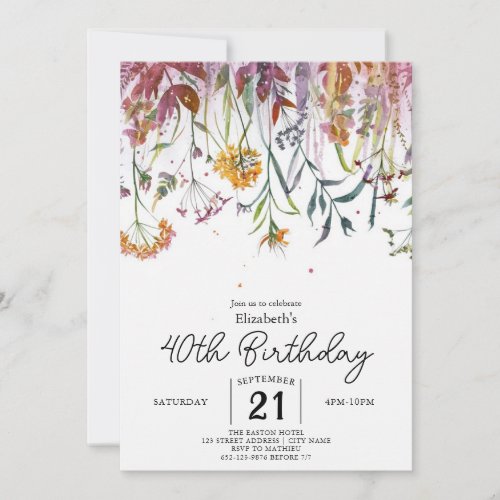 Delicate Chic Wildflowers 40th birthday Invitation