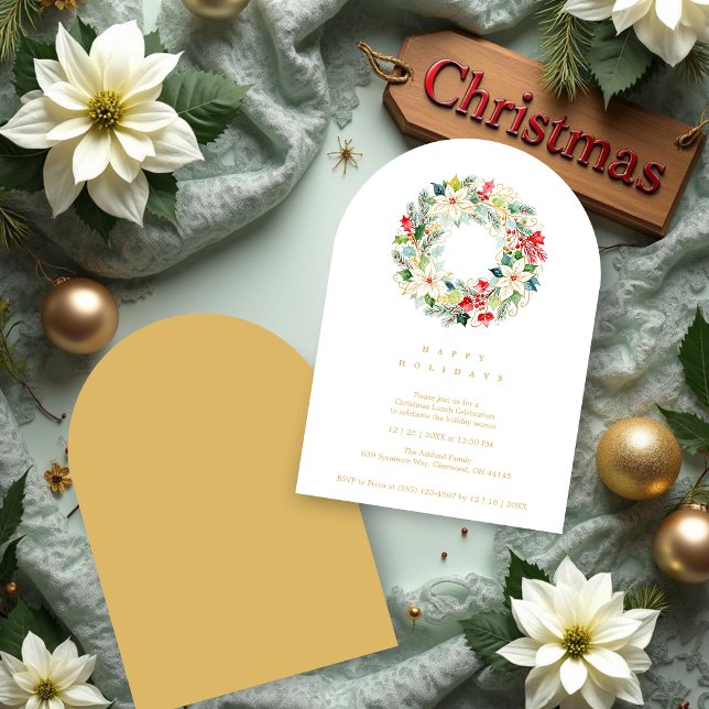 Delicate Chic Winter Christmas Wreath Party Invitation (Delicate Chic Winter Christmas Wreath Holiday Party Invitations Cards in Digital Watercolor Style.)