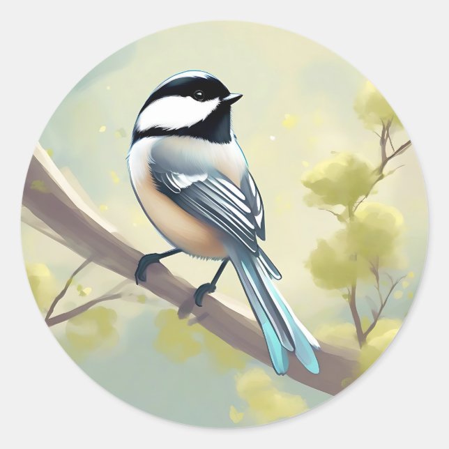 Delicate Chickadee Bird Classic Round Sticker (Front)