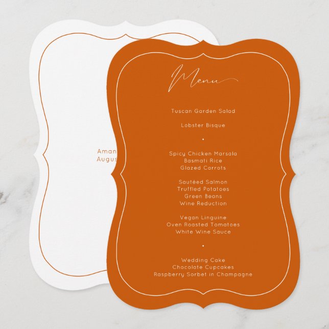 Delicate Classic Burnt Orange Calligraphy Wedding Menu (Front/Back)