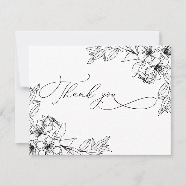 Delicate coligraphy Black&White flowers Thank You (Front)