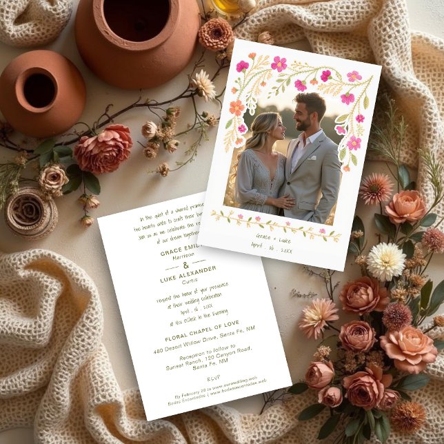 Delicate Colorful Floral Border Mexican Embroidery Invitation (Delicate Colorful Floral Border Mexican Embroidery-Inspired Wedding Invitations Cards with Photo.)