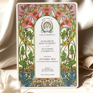 Delicate Coral Flowers Art Nouveau Wedding Invitation
