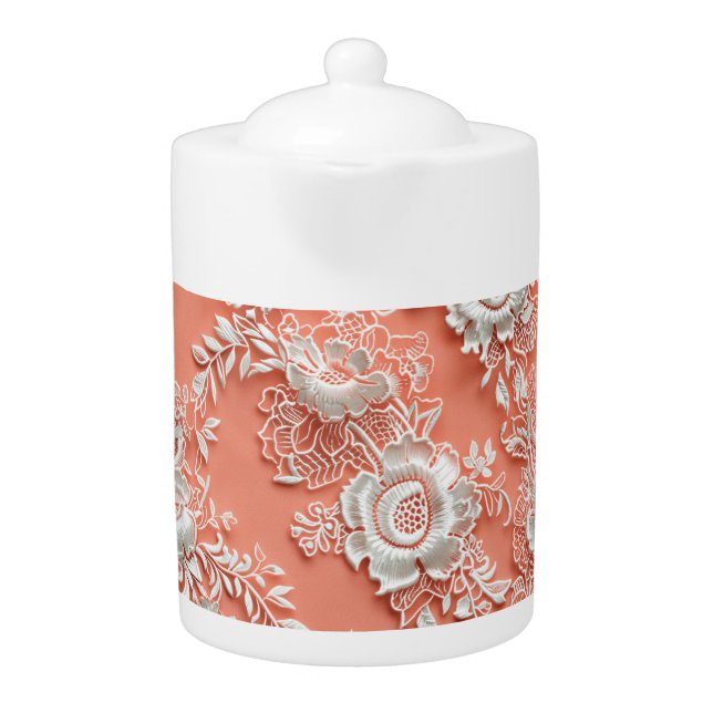 Delicate Coral Lace-Effect Porcelain Teapot (Front)