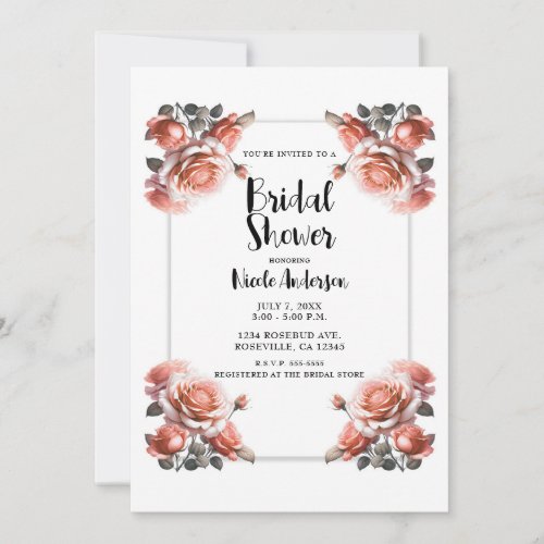 Delicate Coral Peach Roses Bridal Shower  Invitation