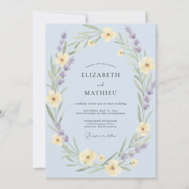 Delicate Cornflower Yellow Wreath Wedding Invitation (Front)