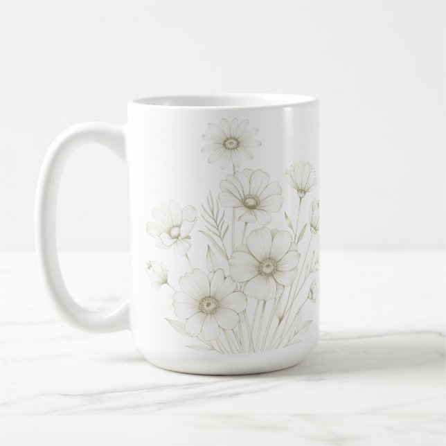 Delicate Cosmos Bouquet Line Art Grace Coffee Mug (Left)