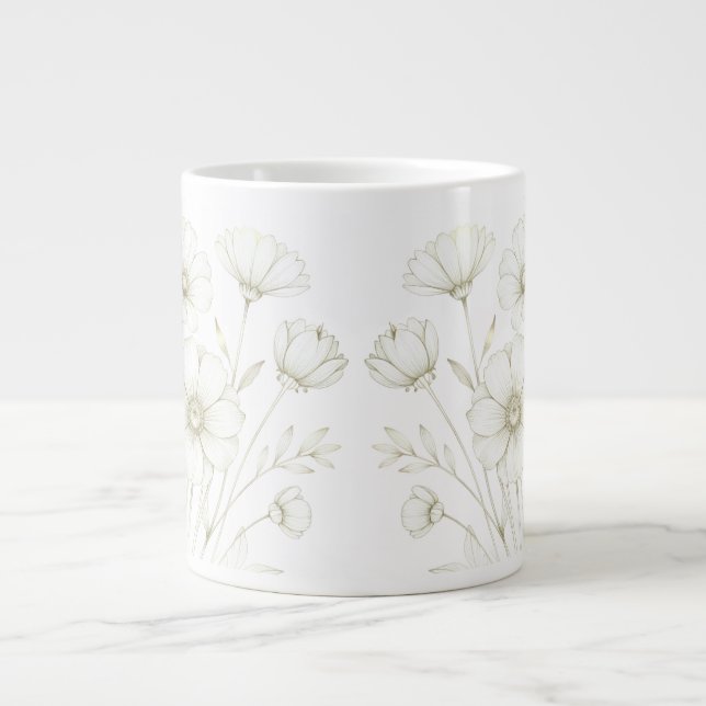 Delicate Cosmos Bouquet Line Art Grace Giant Coffee Mug (Front)