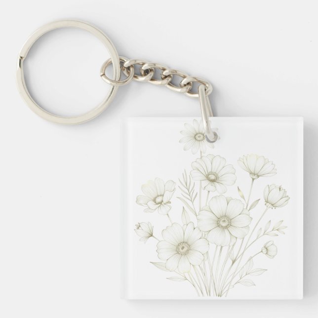 Delicate Cosmos Bouquet Line Art Grace Keychain (Front)