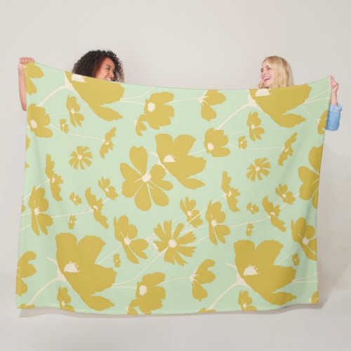 Delicate cosmos flowers gold beige green warm dorm fleece blanket