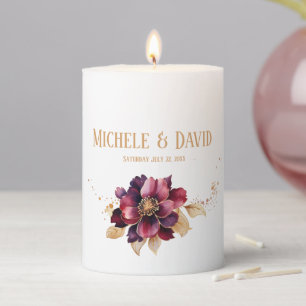 Delicate couples names date gold burgundy pillar candle