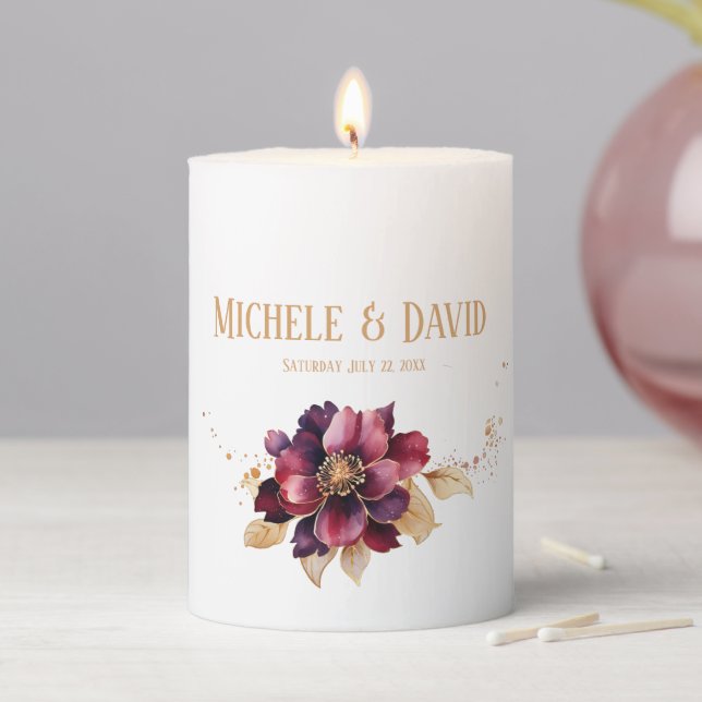 Delicate couples names date gold burgundy pillar candle (In Situ)