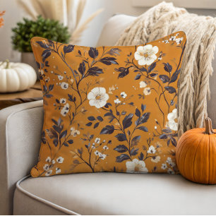 Delicate Cream on Orange Fall Floral Throw Pillow