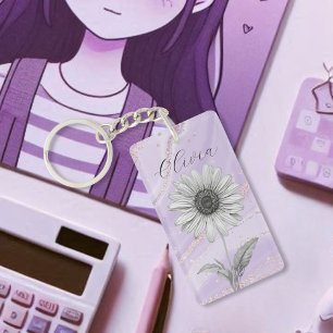 Delicate Custom Lavender Daisy Flower Keychain