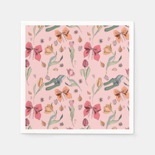 Delicate Cute Flowers Tulips and Bows Pink Napkins