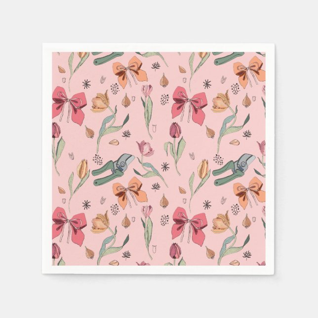 Delicate Cute Flowers Tulips and Bows Pink Napkins (Front)