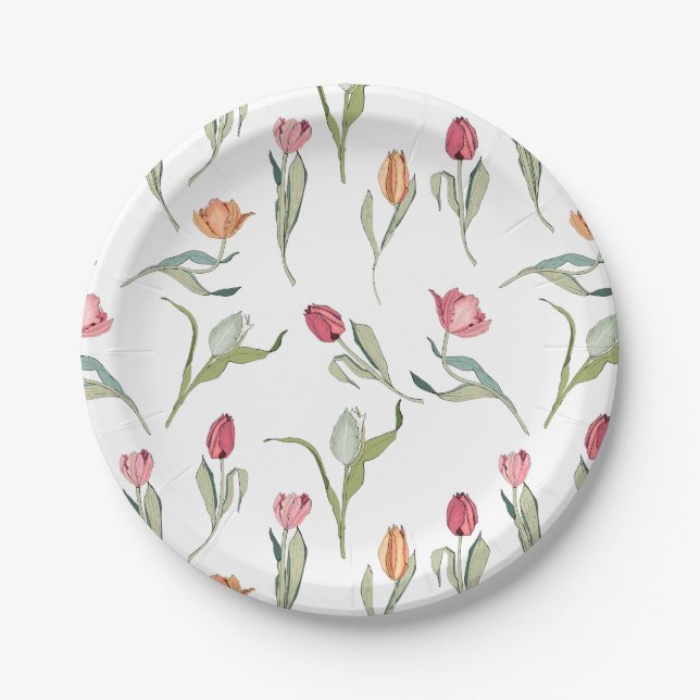Delicate Cute Flowers Tulips Paper Plates (Front)
