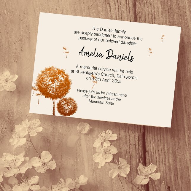 Delicate Dandelion Funeral Announcement Card (Creator Uploaded)