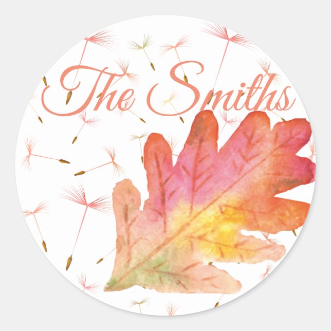 Delicate Dandelions & Autumn Leaf Classic Round Sticker (Front)