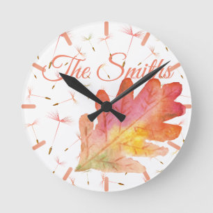 Delicate Dandelions & Autumn Leaf Round Clock