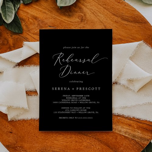 Delicate Dark Black Calligraphy Rehearsal Dinner I Invitation